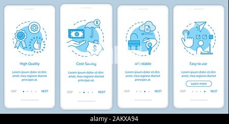 Software benefits onboarding mobile app page screen with linear concepts. Financial tools and advantages walkthrough steps graphic instructions. UX, U Stock Vector