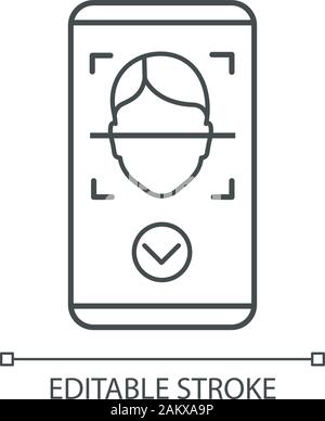 Face scan approved linear icon. Face scan protection mobile app thin line illustration. Facial recognition contour symbol. Access granted. Vector isol Stock Vector