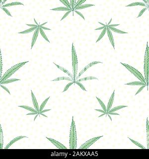 Linocut style green cannabis leaves with offset color. Seamless vector geometric pattern on pastel yellow polka dot background. Perfect for wellness Stock Vector