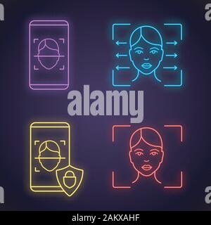 Facial recognition neon light icons set. Biometric identification. Face lock and banking facial recognition smartphone apps, reader, scanning software Stock Vector