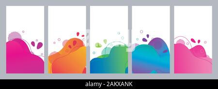 Color abstract fluid social media background set. Wavy bubble web banner, screen, mobile app colorful design. Flowing liquid gradient shapes. Geometri Stock Vector