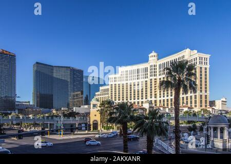 Las Vegas, Nevada, USA - May 6, 2019: The busy intersection of Las Vegas Boulevard and Flamingo Road with traffic light on the Las Vegas Strip with Be Stock Photo