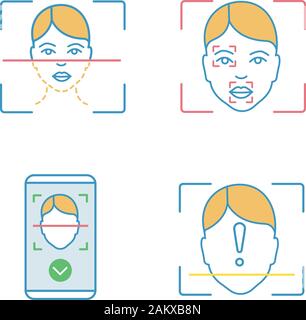 Facial recognition color icons set. Biometric identification. Face scanning process, markers and points, protection smartphone app, ID scan unidentifi Stock Vector