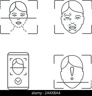 Facial recognition linear icons set. Thin line contour symbols. Face scanning process, markers and points, smartphone app, ID scan unidentified. Isola Stock Vector