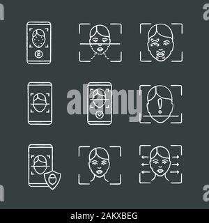 Facial recognition chalk icons set. Face lock, banking, approved, protection smartphone apps, scanning process, reader, markers, ID scan unidentified. Stock Vector