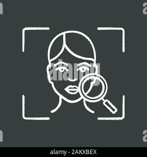 Face scanning chalk icon. Facial recognition. Human head and magnifying glass. Face ID. Identity verification. Isolated vector chalkboard illustration Stock Vector