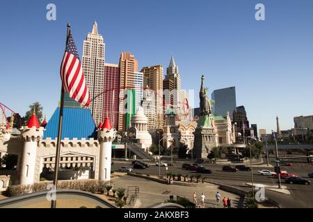 Las Vegas, Nevada - Exterior of the New York New York Resort and Casino on the Las Vegas Strip with Statue of Liberty replica and American Flag. Stock Photo