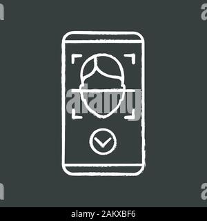 Face scan approved chalk icon. Face scan protection mobile app. Facial recognition. Access granted. Isolated vector chalkboard illustration Stock Vector