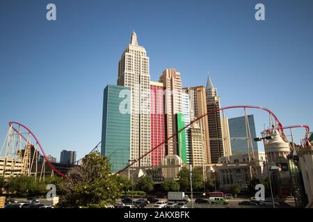 Las Vegas, Nevada - Las Vegas strip with the New York New York resort with the Hershey store on the Las Vegas strip. Stock Photo