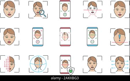 Facial recognition color icons set. Face ID scan software. Biometric identification. Isolated vector illustrations Stock Vector