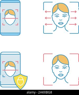 Facial recognition color icons set. Biometric identification. Face lock and banking facial recognition smartphone apps, reader, scanning software. Iso Stock Vector