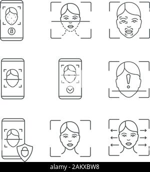 Facial recognition linear icons set. Thin line contour symbols. Face lock, banking, approved, smartphone apps, scanning process, reader, markers. Isol Stock Vector