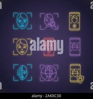 Facial recognition neon light icons set. Biometric identification. Faceprint analysis, face lock scanning, banking, rejection smartphone apps, 3d scan Stock Vector