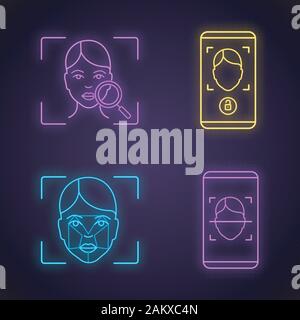 Facial recognition neon light icons set. Biometric identification. Faceprint analysis and scanning, face lock smartphone apps. Glowing signs. Vector i Stock Vector