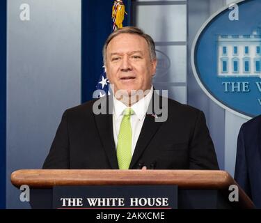 U.S. Secretary of State Mike Pompeo  speaks to the press at the White House Press Briefing Room in Washington. Stock Photo