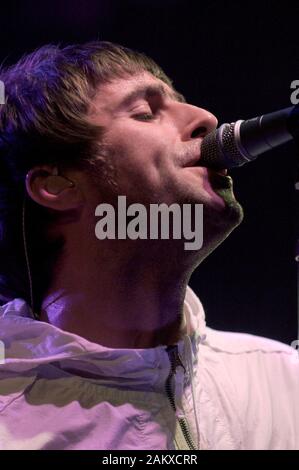 Milan Italy 12/05/2005 live concert of the Oasis at the Alcatraz : The singer Liam Gallagher during the concert Stock Photo