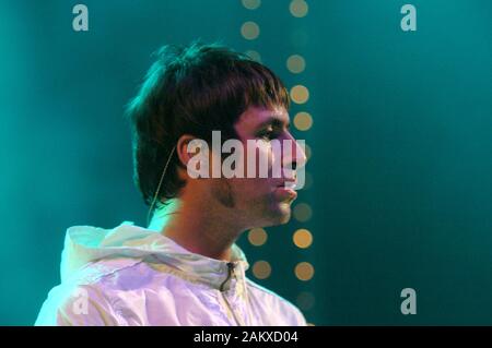 Milan Italy 12/05/2005 live concert of the Oasis at the Alcatraz : The singer Liam Gallagher during the concert Stock Photo