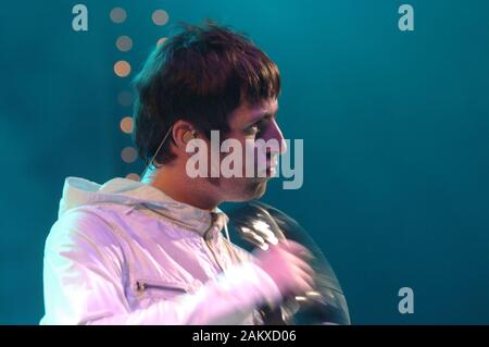 Milan Italy 12/05/2005 live concert of the Oasis at the Alcatraz : The singer Liam Gallagher during the concert Stock Photo