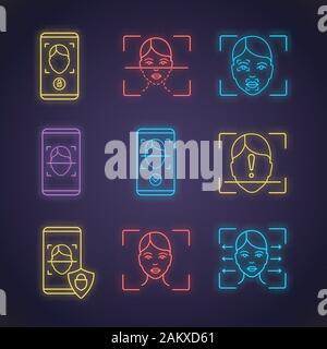 Facial recognition neon light icons set. Face lock, banking, approved, protection smartphone apps, scanning process, reader, markers, ID scan unidenti Stock Vector