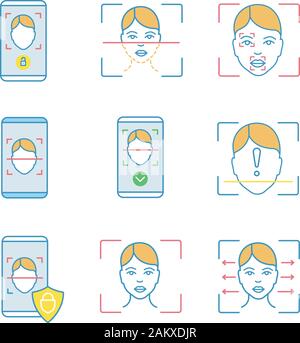 Facial recognition color icons set. Face lock, banking, approved, protection smartphone apps, scanning process, reader, markers, ID scan unidentified. Stock Vector