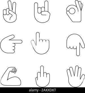 Hand gesture emojis linear icons set. Thin line contour symbols