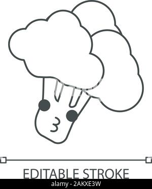 Broccoli cute kawaii linear character. Happy kissing vegetable. Healthy vegetarian food. Thin line icon. Vector isolated outline illustration. Editabl Stock Vector