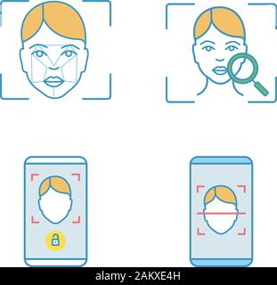 Facial recognition color icons set. Biometric identification. Faceprint analysis and scanning, face lock smartphone apps. Isolated vector illustration Stock Vector