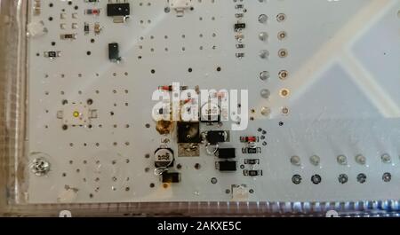 PCB circuit board electricity short circuit and burning Stock Photo