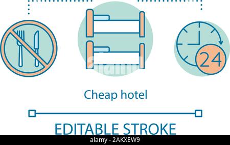 Cheap hotel concept icon. Twin room with single beds. 24 hours reception. Hostel, dormitory. Hotel amenity. Low price room idea thin line illustration Stock Vector