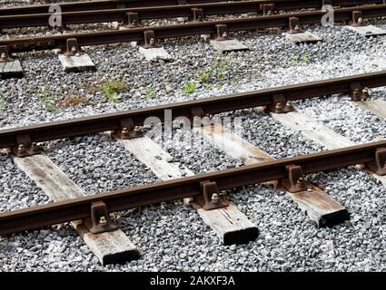 Old-style bull-head rail held in chairs on wooden sleepers, a type of railway permanent way used until recent times and requiring regular maintenance. Stock Photo