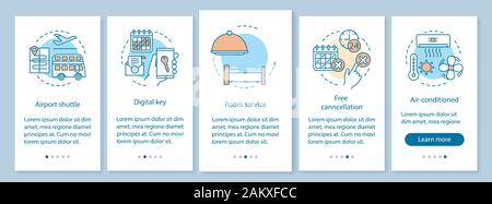 Hotel amenities onboarding mobile app page screen with linear concepts. Apartment booking. Airport shuttle, digital key walkthrough graphic instructio Stock Vector