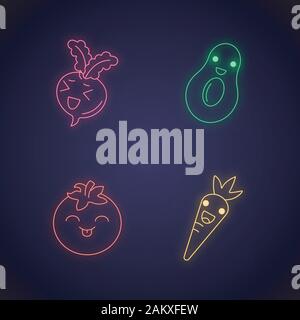 Vegetables and fruits cute kawaii neon light characters. Tomato and carrot with smiling face. Happy avocado and beetroot. Funny emoji, emoticon, smile Stock Vector