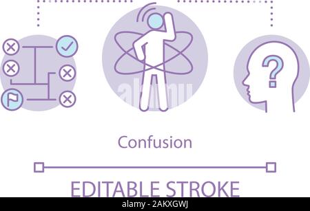 Confusion feeling concept icon. Embarrassment idea thin line illustration. Unsure person. Lack of confidence. Solution searching. Difficult choice. Ve Stock Vector