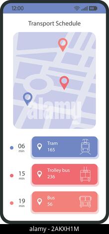 Transport schedule smartphone interface vector template. Mobile app page white design layout. Tram, trolley, bus tracking screen. Flat UI for applicat Stock Vector