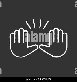Raising hands gesture chalk icon. Stop, surrender gesturing. Waving two palms emoji. Isolated vector chalkboard illustration Stock Vector