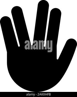 Vulcan salute emoji glyph icon. Silhouette symbol. Live long and prosper hand gesture. Raised hand with part between middle and ring fingers. Negative Stock Vector