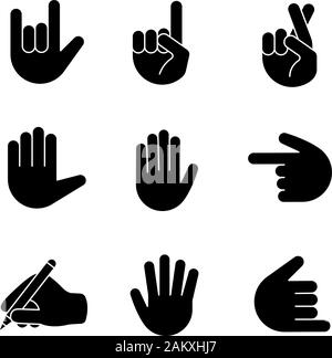 Hand gesture emojis glyph icons set. Love you, rock on, backhand index pointing left and up, luck, lie, high five, shaka gesturing, writing hand. Silh Stock Vector