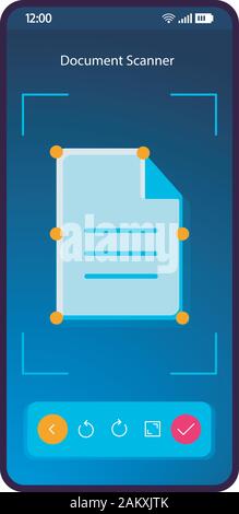 Document scanner smartphone interface vector template. Mobile app page blue gradient design layout. Text scan, recognition screen. Flat UI for applica Stock Vector