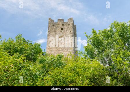 View of a ruined castle tower at Dvigrad (or Due Castelli), an abandoned medieval town in Draga Valley, central Istria, Croatia Stock Photo