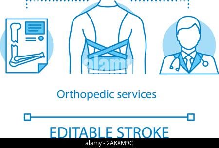 Orthopedic services concept icon. Clinical examination idea thin line illustration. Injury, trauma treatment, fracture. Orthopedist. Medical corset. V Stock Vector