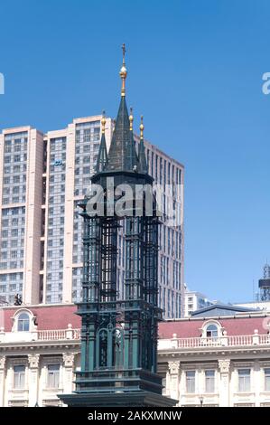 A metal work building frame inside of the Saint Sophia church square in Harbin China on a sunny blue sky day. Stock Photo