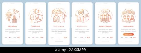 Public speaking skills onboarding mobile app page screen vector template. Voice control, body language, audience dialog. Walkthrough website steps. UX Stock Vector