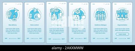 Public speaking skills onboarding mobile app page screen vector template. Voice control, body language, audience dialog. Walkthrough website steps wit Stock Vector