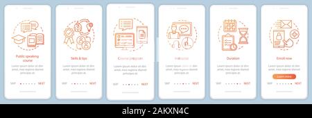 Public speaking skill classes onboarding mobile app page screen vector template. Professional speakers school. Walkthrough website steps with linear i Stock Vector