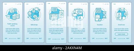 Public speaking skill course onboarding mobile app page screen vector template. Professional speakers school. Walkthrough website steps with linear ic Stock Vector
