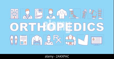 Orthopedics word concepts banner. Injury, trauma treatment. Medical corset, bandaging. Presentation, website. Isolated lettering typography idea with Stock Vector