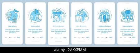 Public speaking skills onboarding mobile app page screen vector template. Voice control, body language, audience dialog. Walkthrough website steps. UX Stock Vector