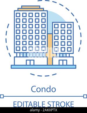 Condo concept icon. Modern apartment building. Multi-storey houses for dwelling. Office center. Skyscraper. Сondominium idea thin line illustration. V Stock Vector