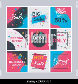 Sale social media posts mockups pack. Black friday. Discount. Advertising web banner design template. Social media kit booster, content layout. Isolat Stock Vector