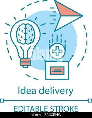 Idea delivery concept icon. ?reative thinking. Paper airplane, light bulb. Innovation. Solution search. Brainstorming idea thin line illustration. Vec Stock Vector